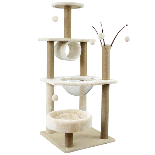 Cat Tree Beige Corner with Bowl & Pompoms