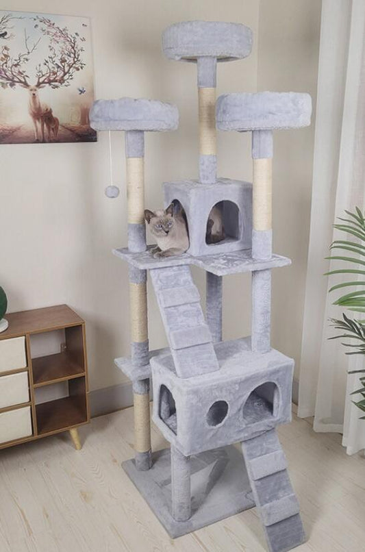 Cat Tree Grey Slim Plush Tower With Ladders